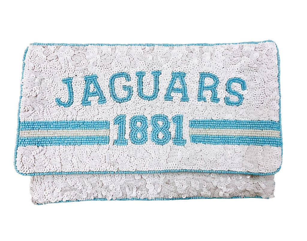 Sequin and seed bead white Jaguars and 1881 clutch 