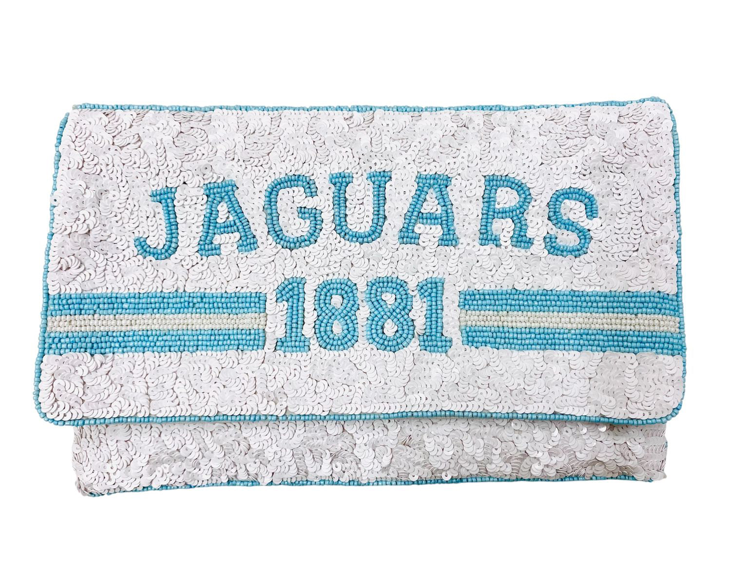 Sequin and seed bead white Jaguars and 1881 clutch 